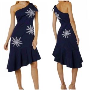 Milly Beatrice Navy Blue One Shoulder Embroidered Dress Size 4 Wedding Guest